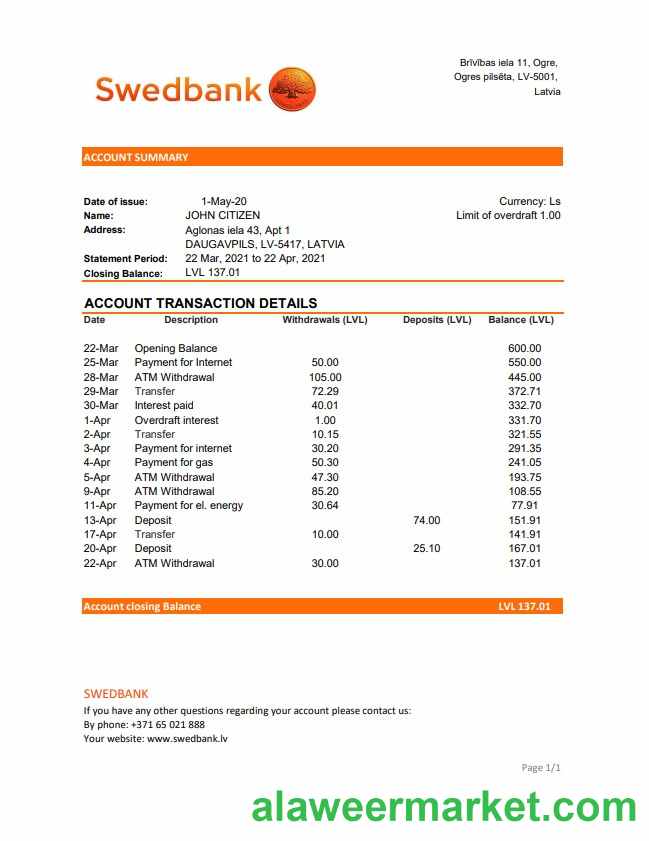 Latvia Swedbank bank statement easy to fill template in .xls and .pdf file format